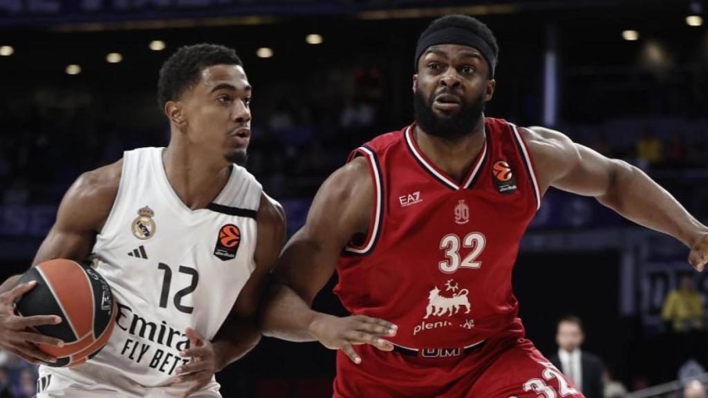 Josh Nebo defensa Theo Maledon en un partit de l'Eurolliga