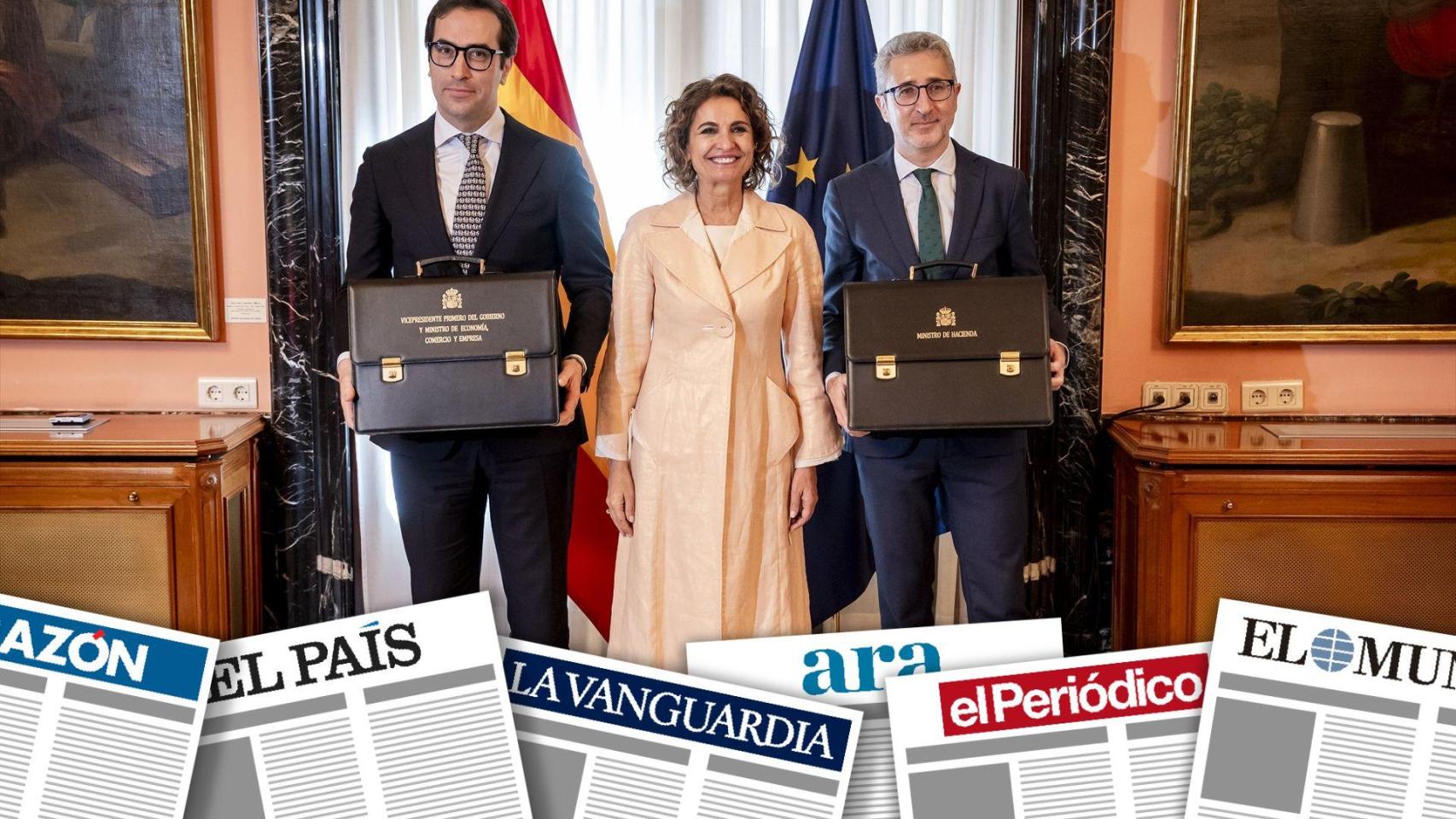 De izq. a dcha., el vicepresidente primero y ministro de Economía, Carlos Cuerpo, la secretaria general del PSOE-A y candidata a la Presidencia de la Junta de Andalucía, María Jesús Montero, y el ministro de Hacienda, Arcadi España / EP