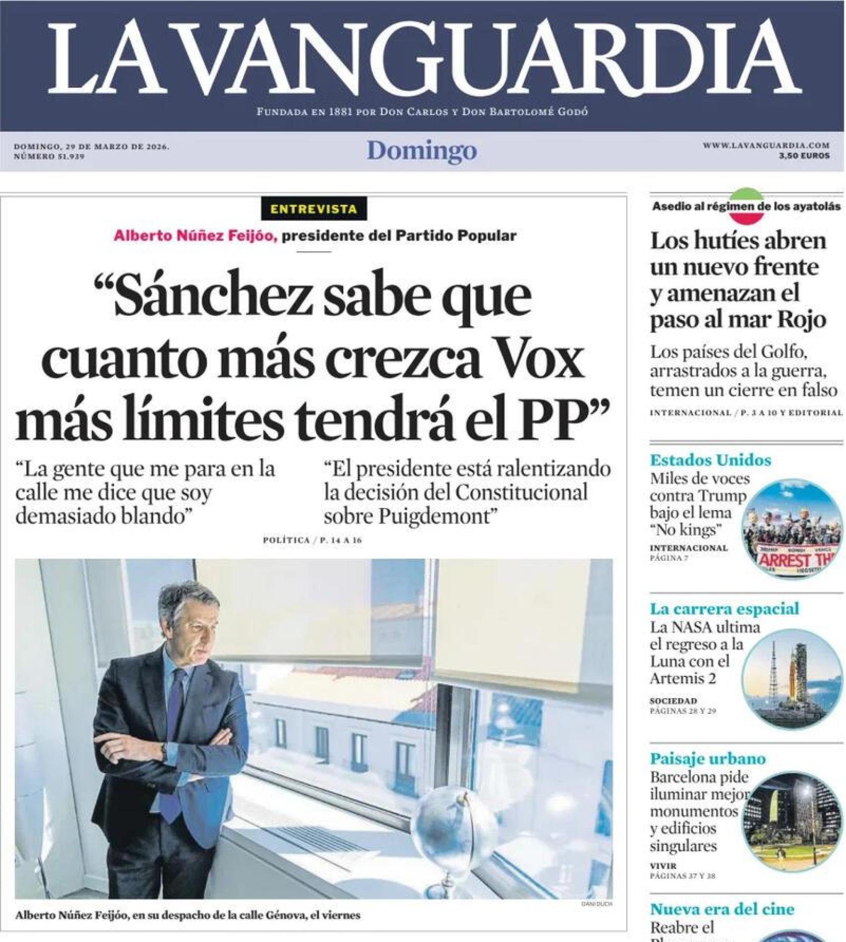 Portada de La Vanguardia, 29 de març de 2026
