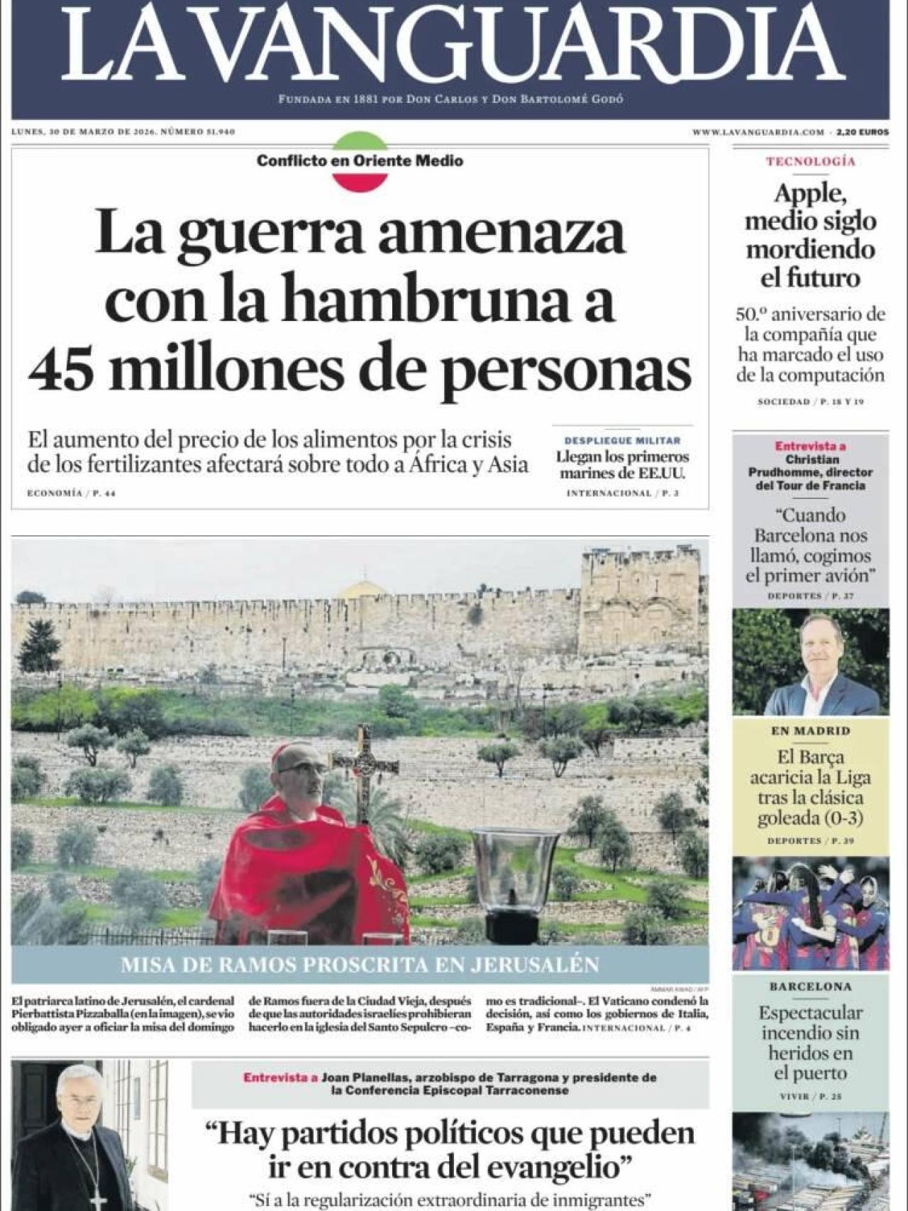 La portada de 'La Vanguardia' el 30 de març