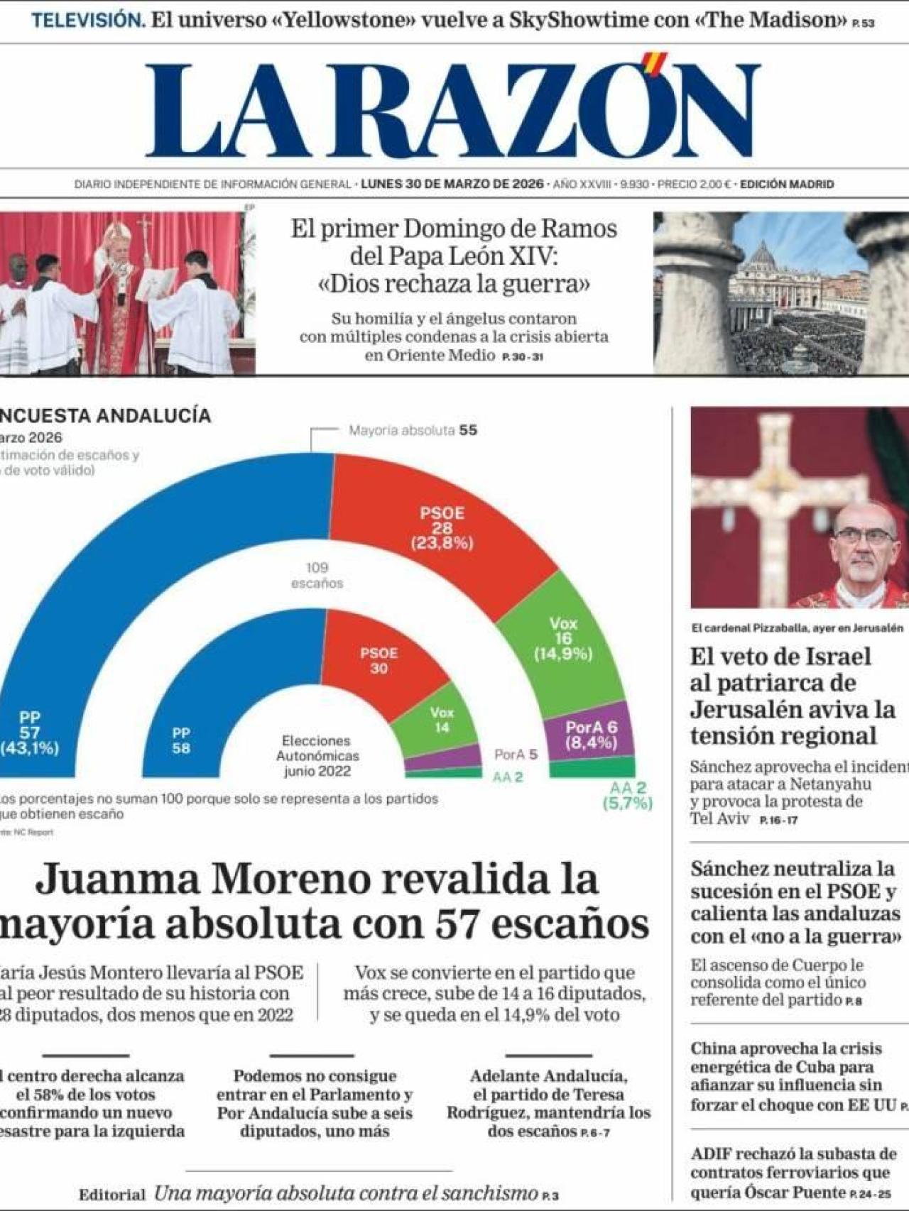 La portada de 'La Razón' el 30 de març