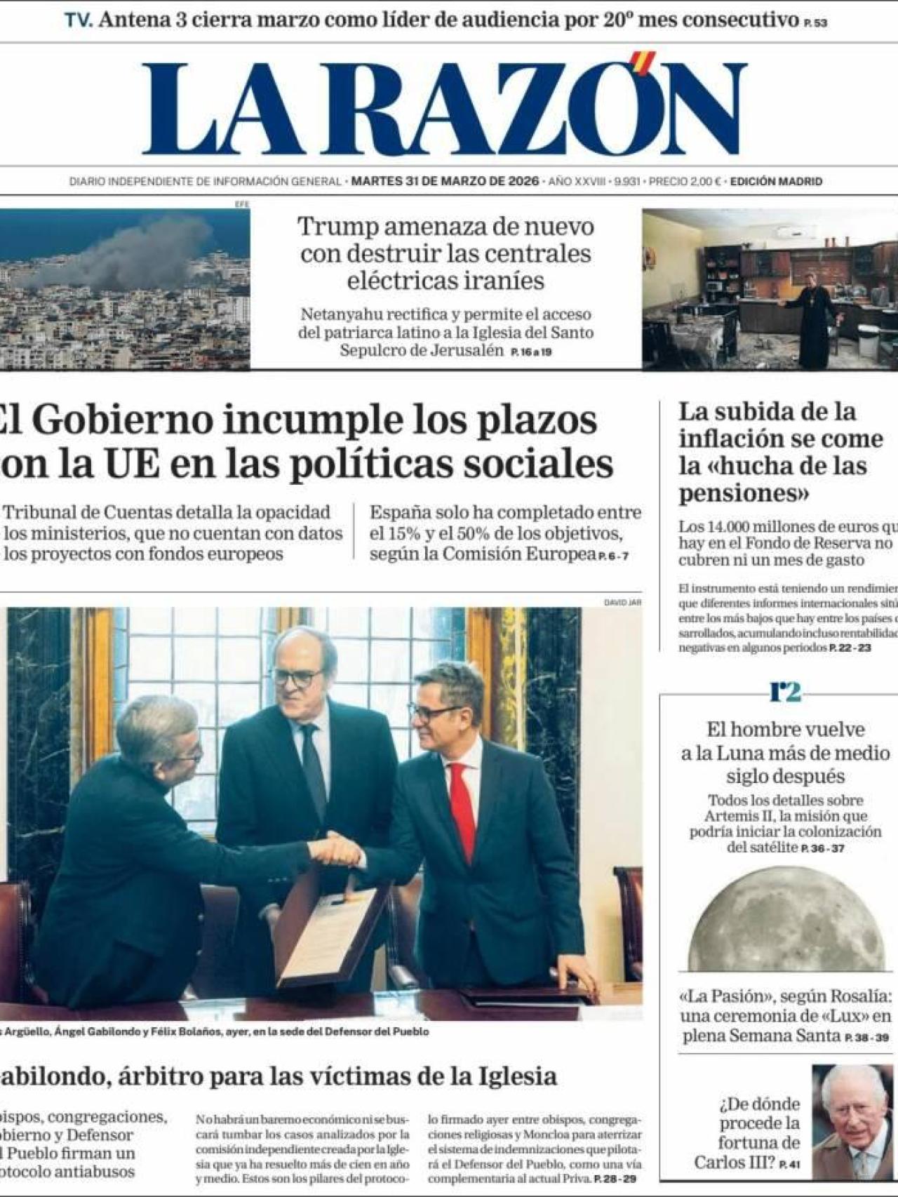 La portada de 'La Razón' el 31 de marzo