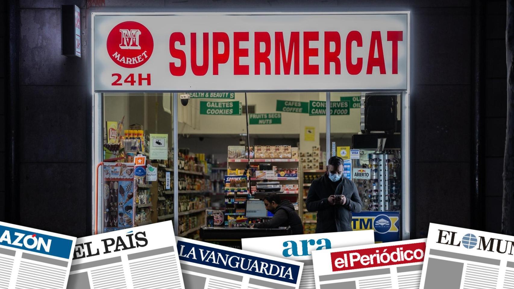 Montaje de primeras planas con un supermercado
