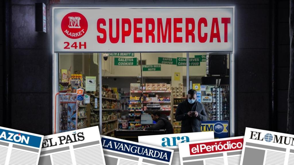 Montaje de primeras planas con un supermercado