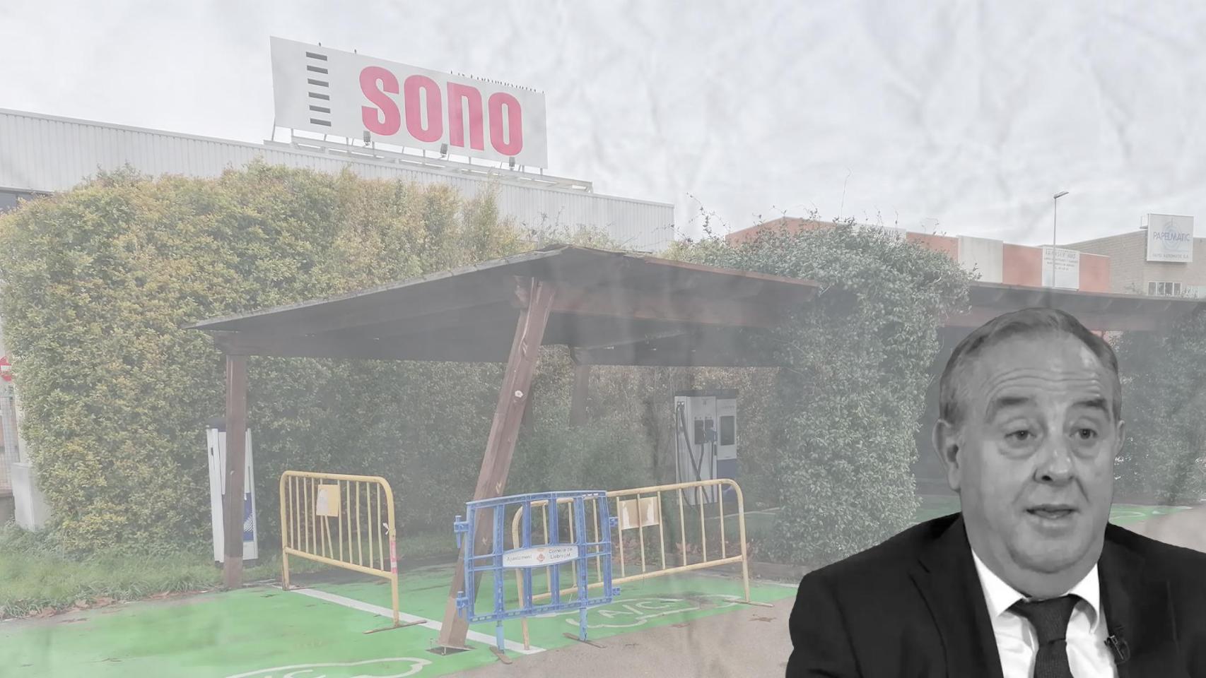 Fotomontaje de José Luis Morlanes y, de fondo, la electrolinera que ha dejado abandonada en Cornellà