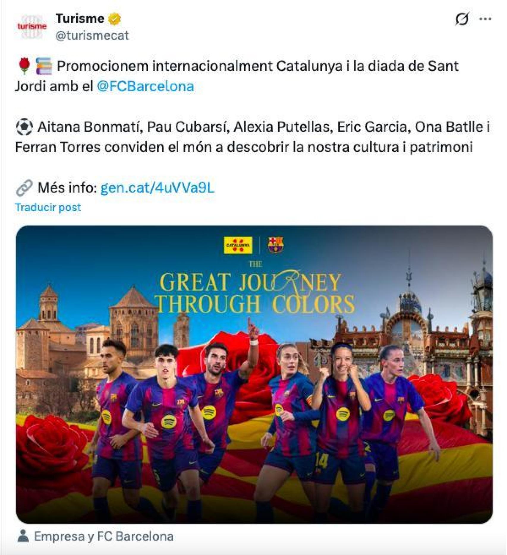 El 'post' de la Generalitat patrocinando Sant Jordi en una campaña con el Barça