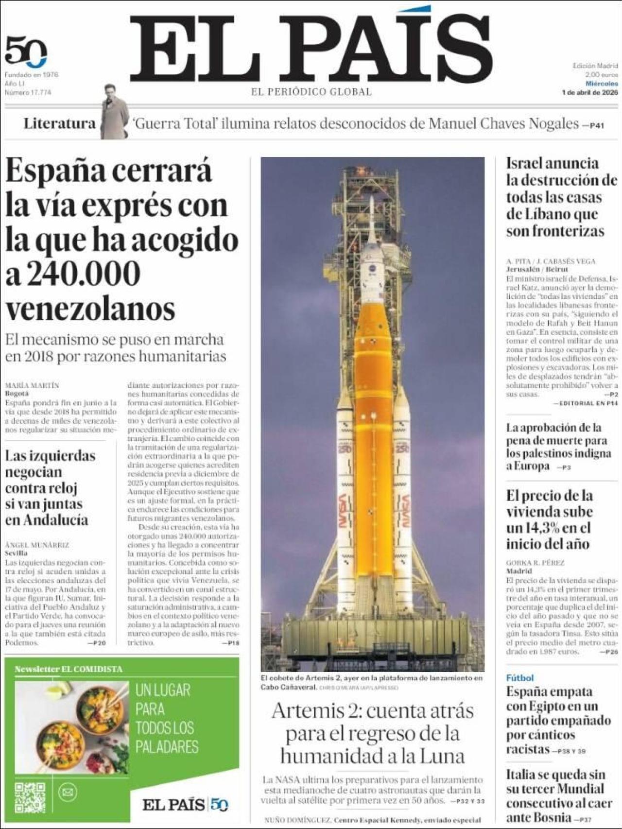 La portada d'‘El País’ l'1 d'abril