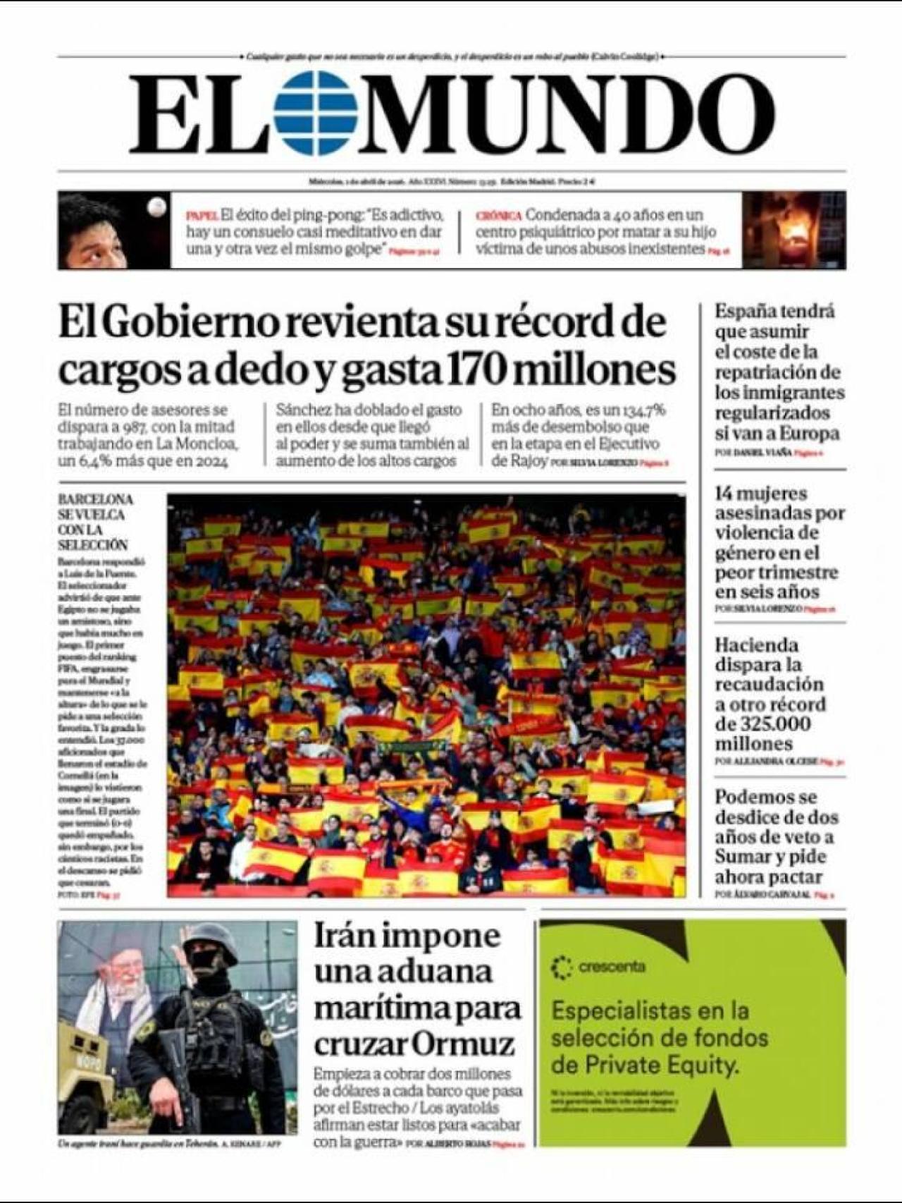 La portada d'‘El Mundo’ l'1 d'abril