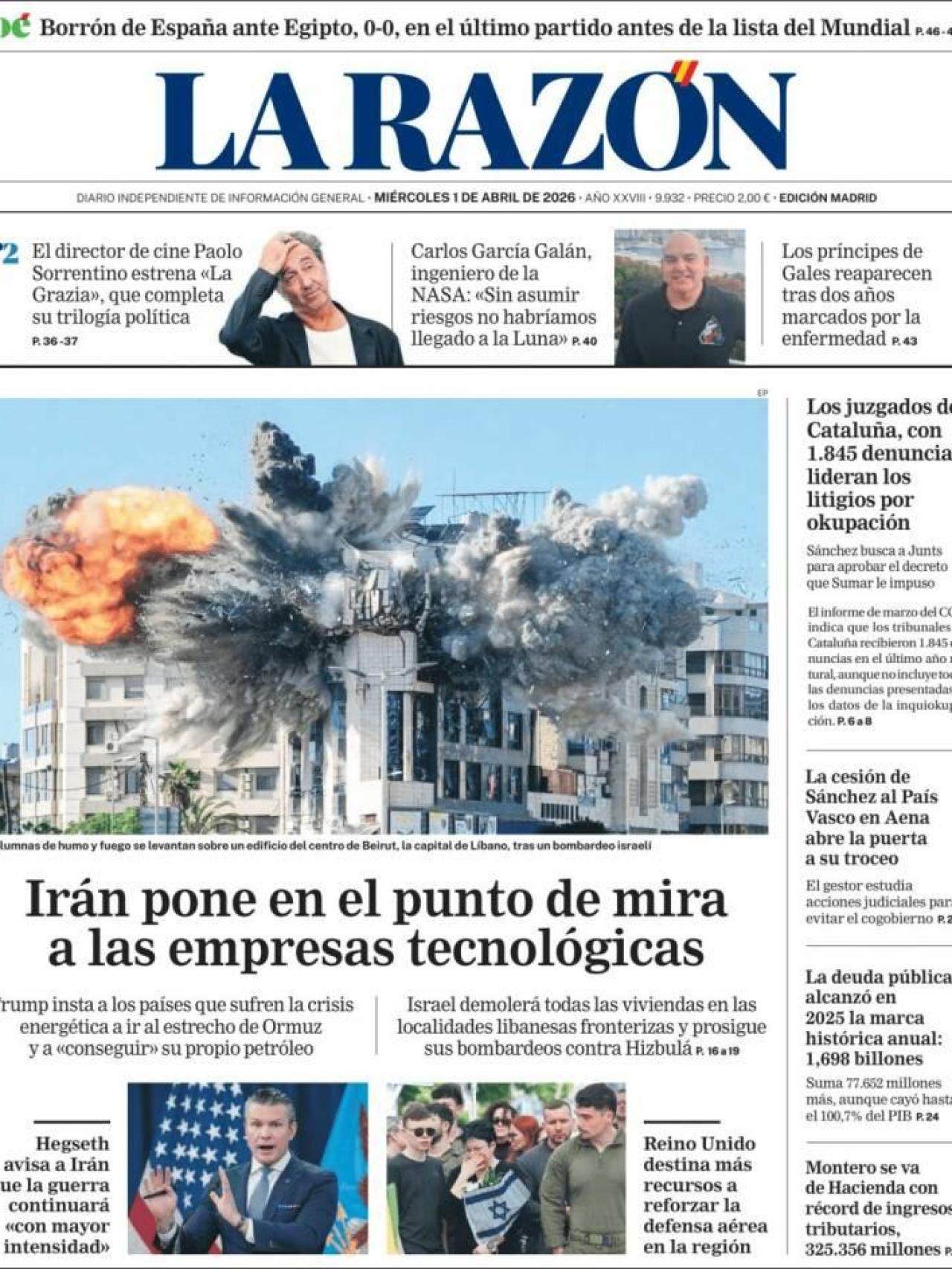 La portada de 'La Razón' l'1 d'abril