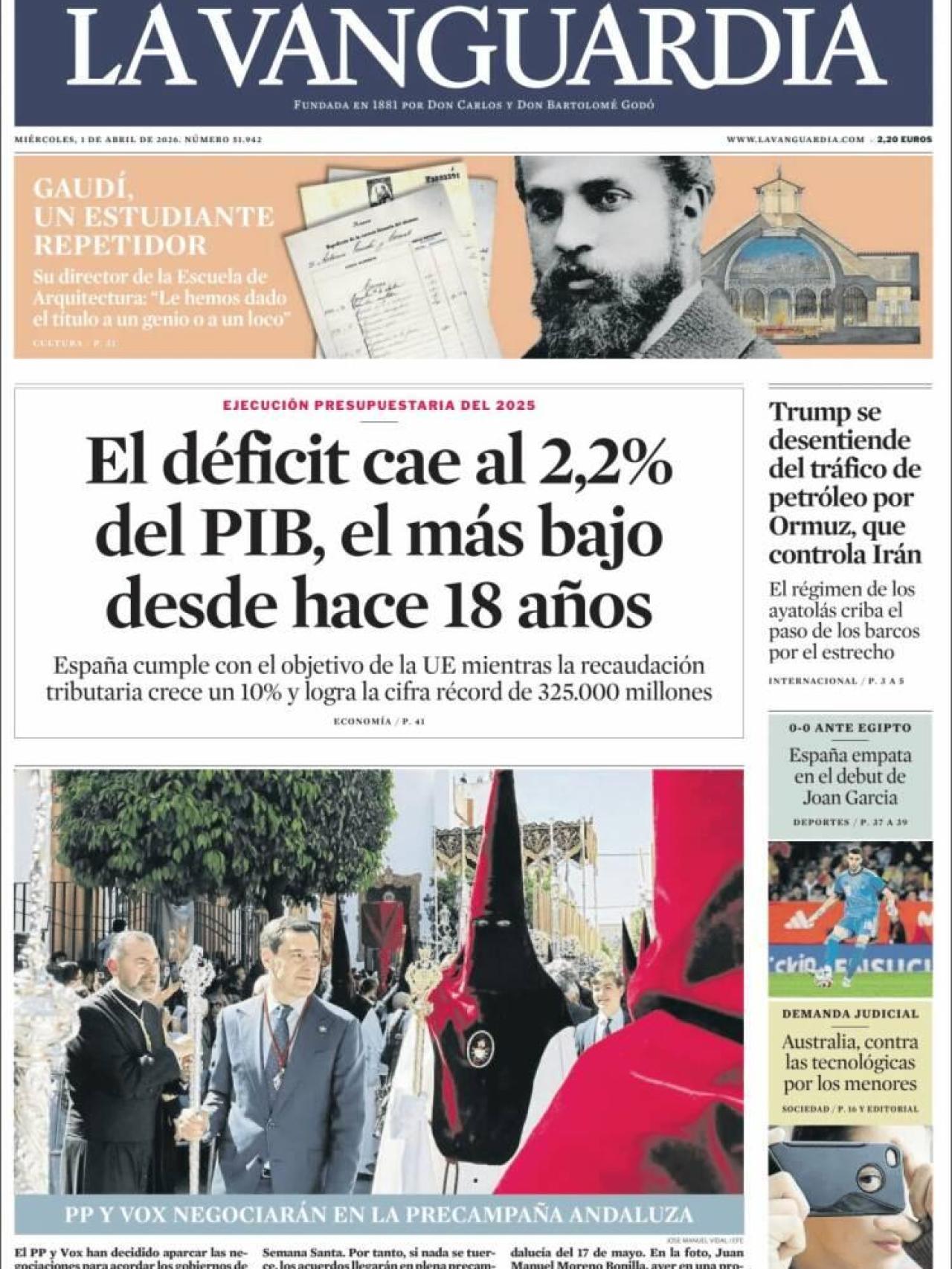 La portada de 'La Vanguardia' l'1 d'abril