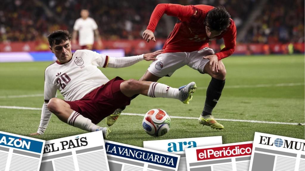 Montaje de primeras planas con el partido entre España y Egipto