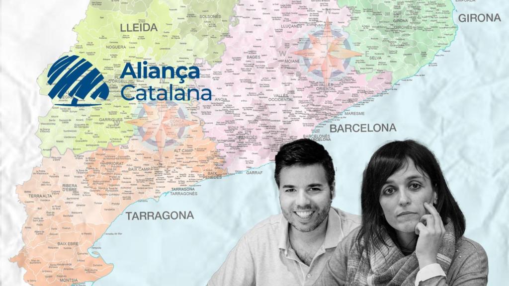 Fotomontaje de Sílvia Orriols, Oriol Gès y de fondo un mapa comarcal de Cataluña