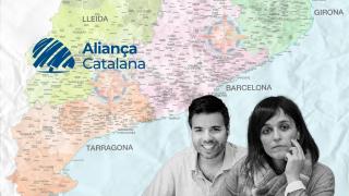 Fotomontaje de Sílvia Orriols, Oriol Gès y de fondo un mapa comarcal de Cataluña