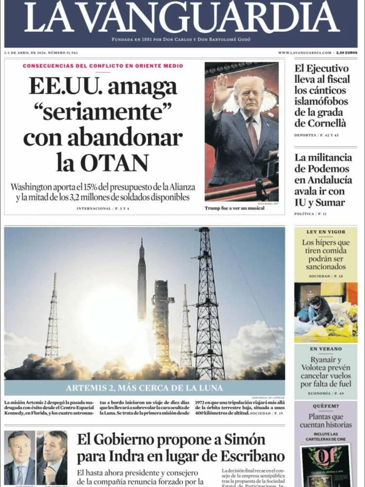 La portada de 'La Vanguardia' el 2 d'abril