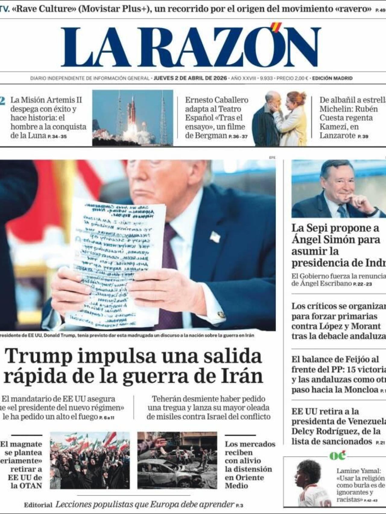 La portada de 'La Razón' el 2 d'abril