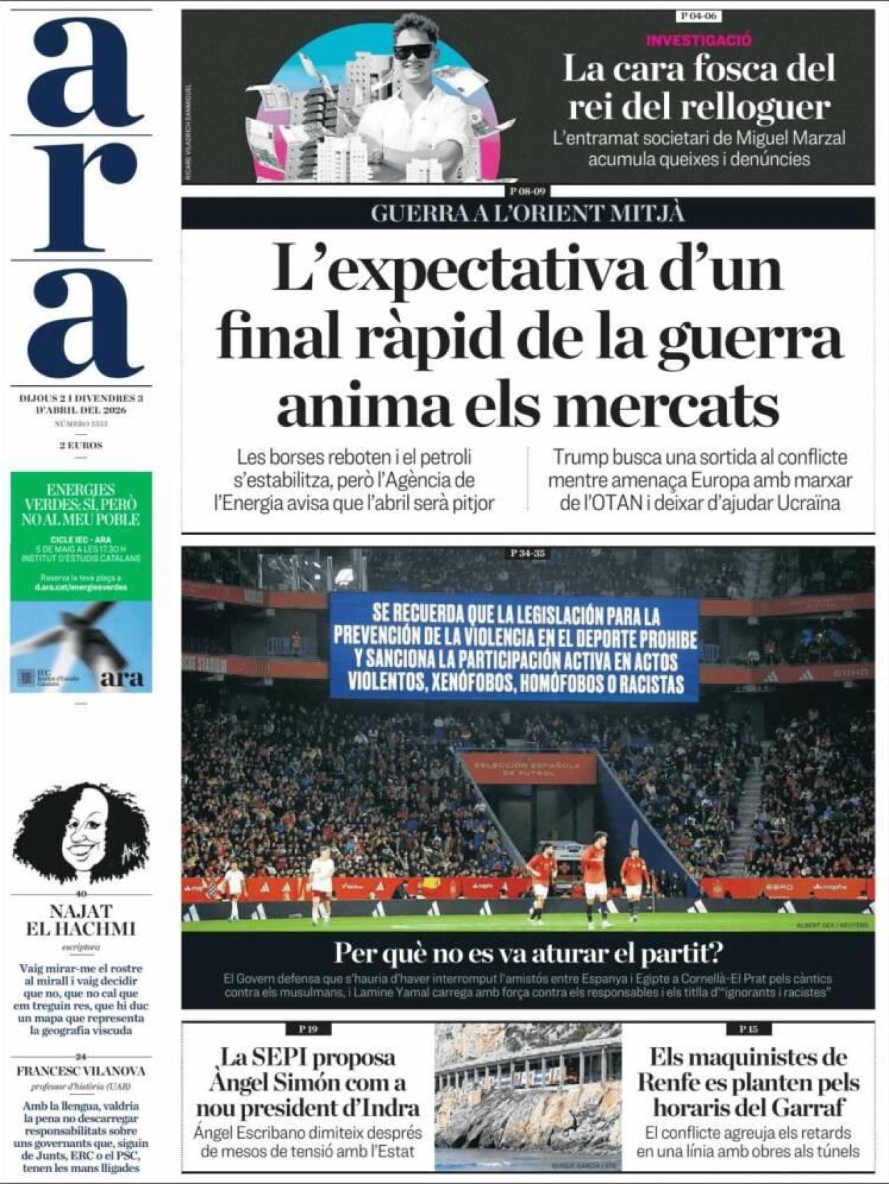 La portada de 'Ara' el 2 d'abril