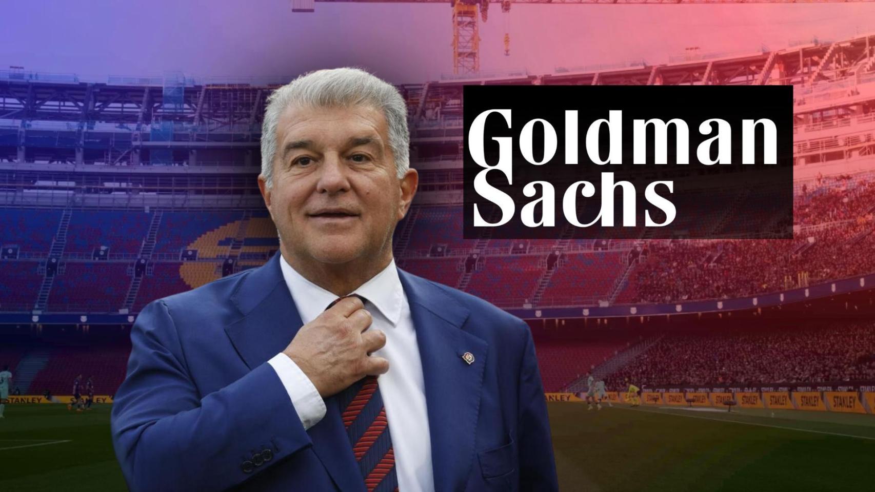 Joan Laporta, en un fotomontaje con el logotipo de Goldman Sachs y el Spotify Camp Nou de fondo