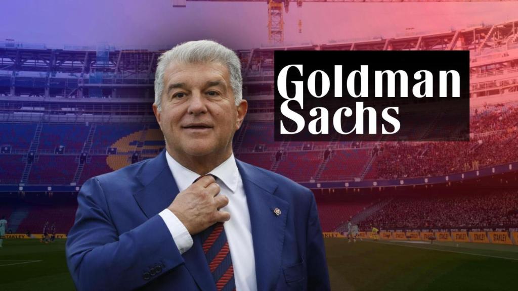Joan Laporta, en un fotomontaje con el logotipo de Goldman Sachs y el Spotify Camp Nou de fondo