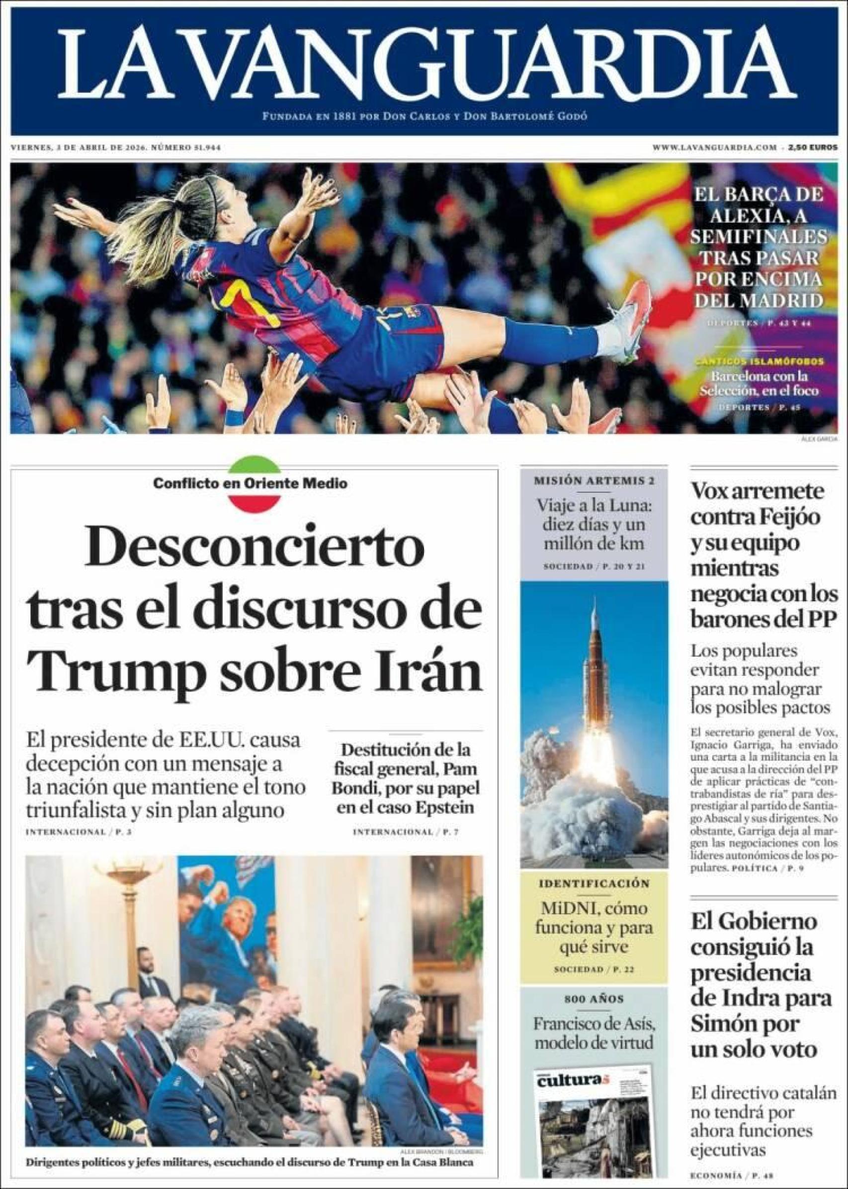 Portada de 'La Vanguardia' del 3 d'abril del 2026