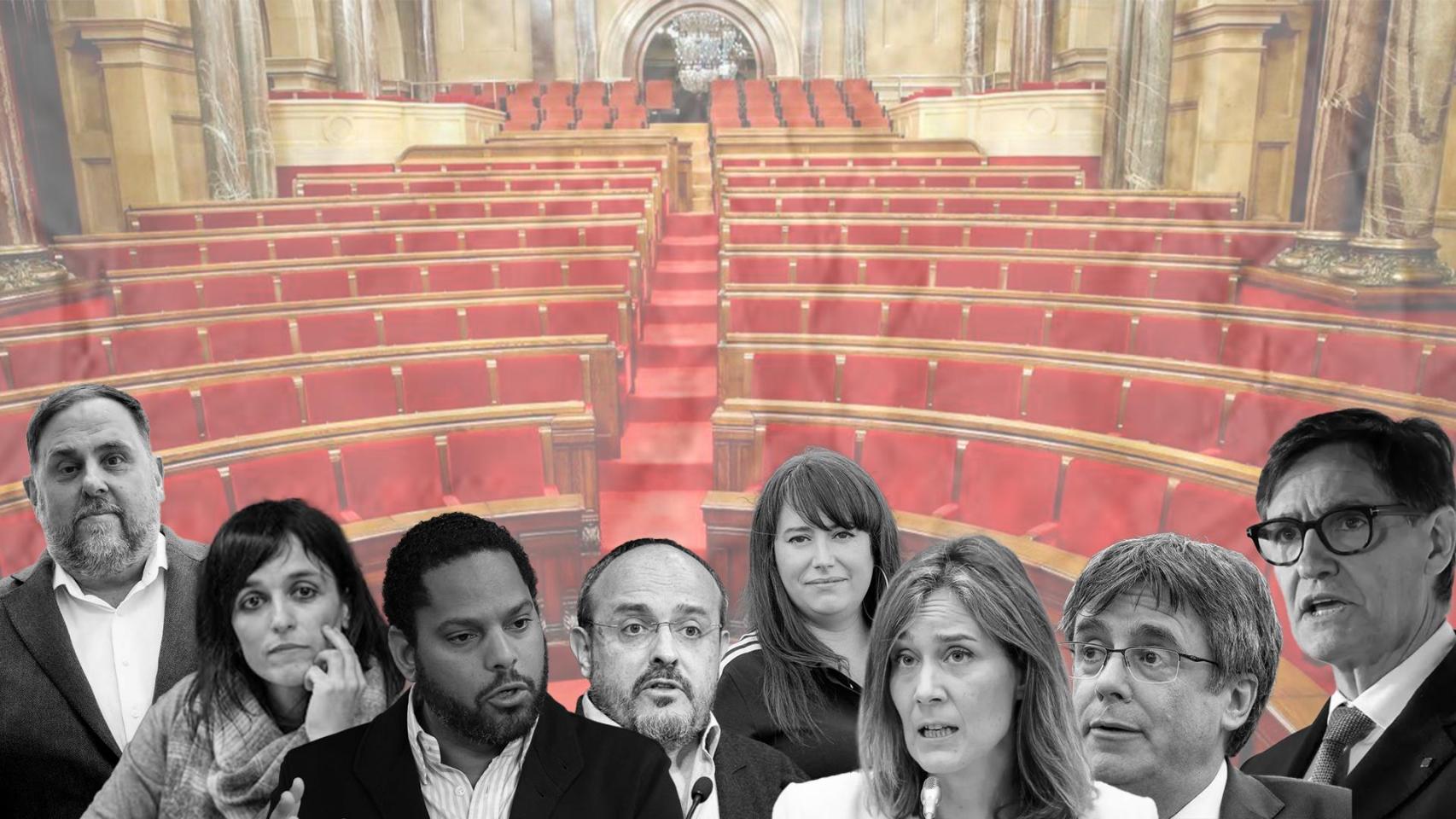 Fotomontaje de los principales líderes políticos catalanes, con el hemiciclo del Parlament de Cataluña de fondo
