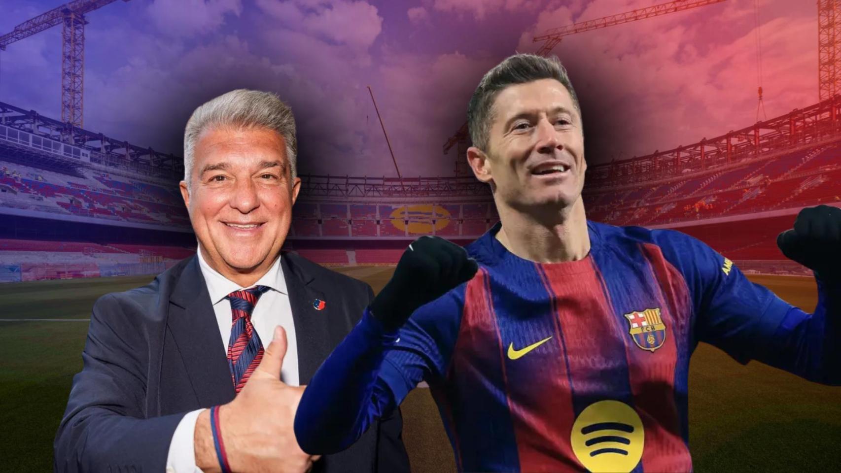Robert Lewandowski y Joan Laporta, en un fotomontaje con el Spotify Camp Nou de fondo