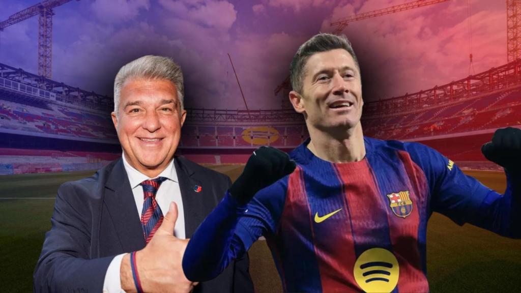 Robert Lewandowski y Joan Laporta, en un fotomontaje con el Spotify Camp Nou de fondo