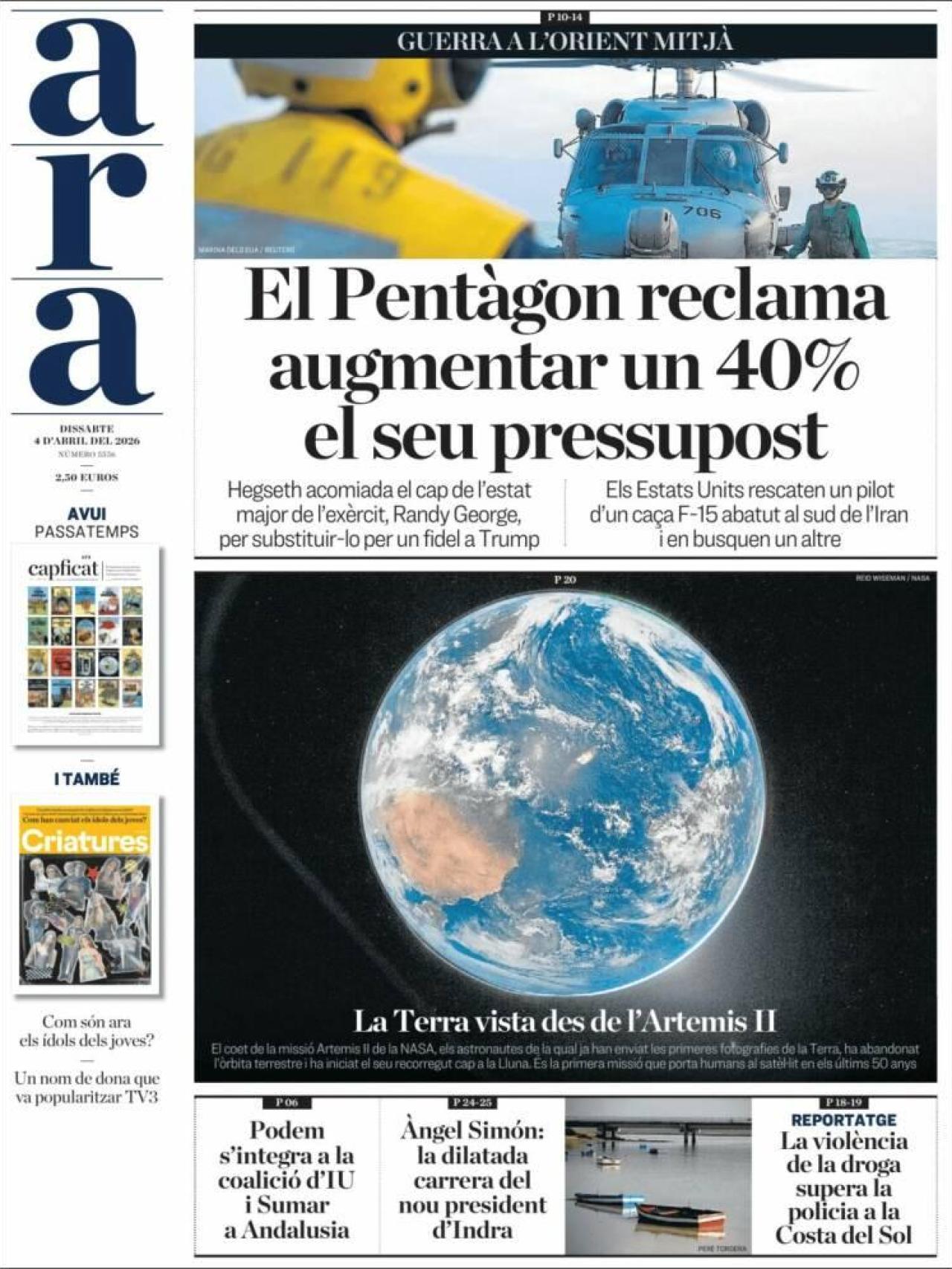 La portada de l''Ara' el 4 d'abril
