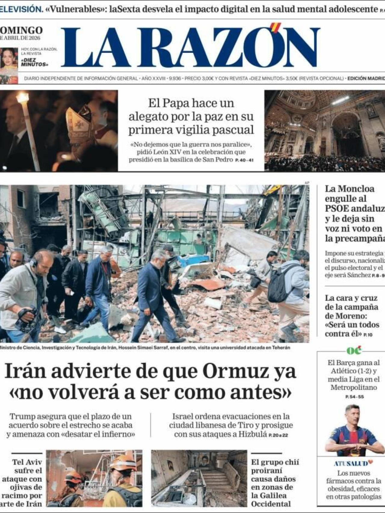 La portada de 'La Razón' el 5 d’abril