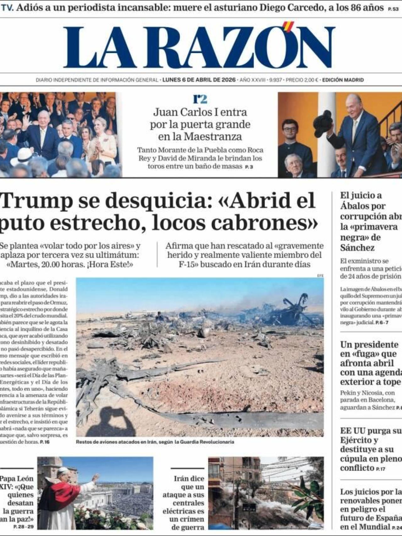 La portada de 'La Razón' el 6 d'abril