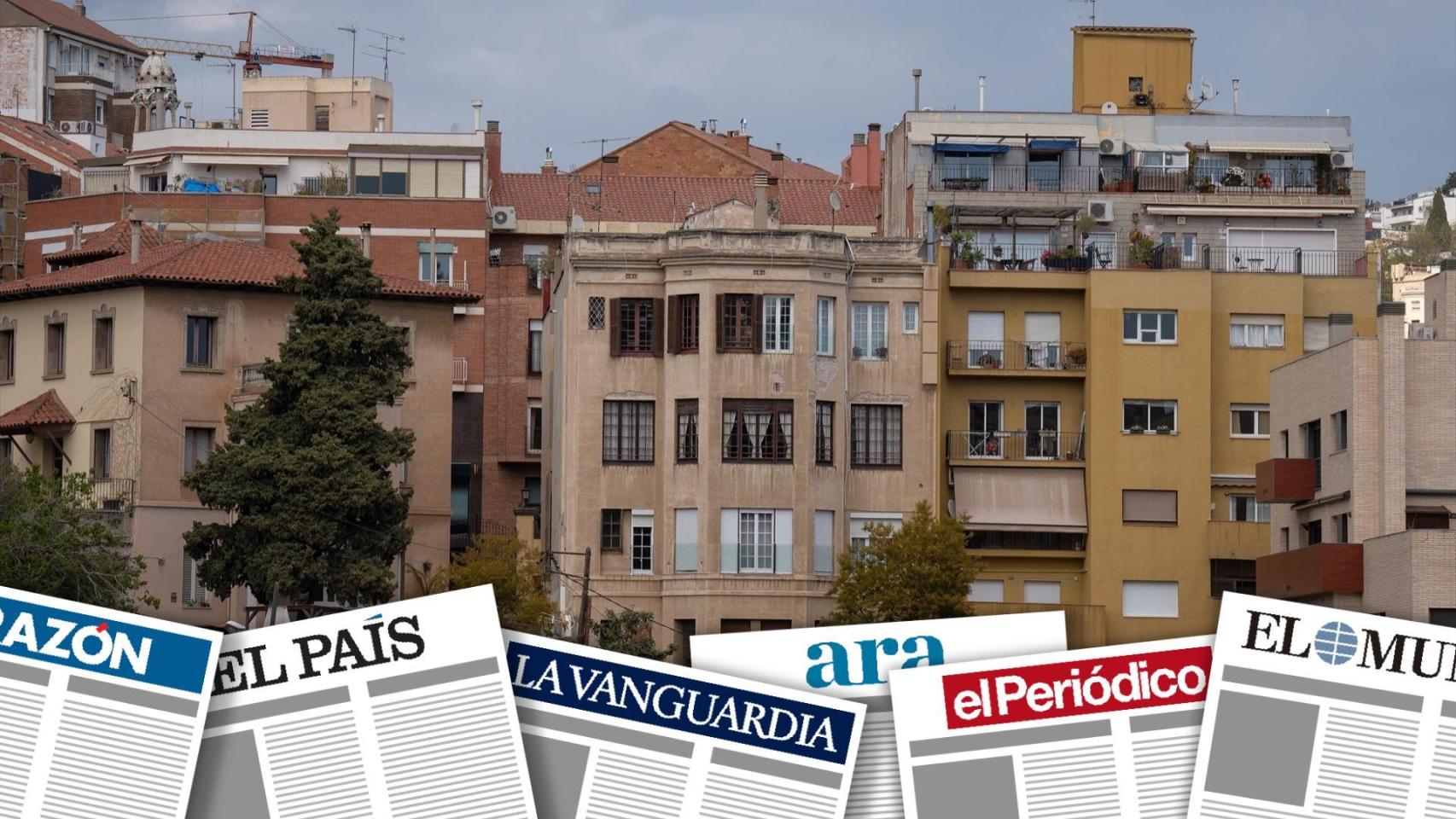 Montaje de primeras planas con un bloque de edificios