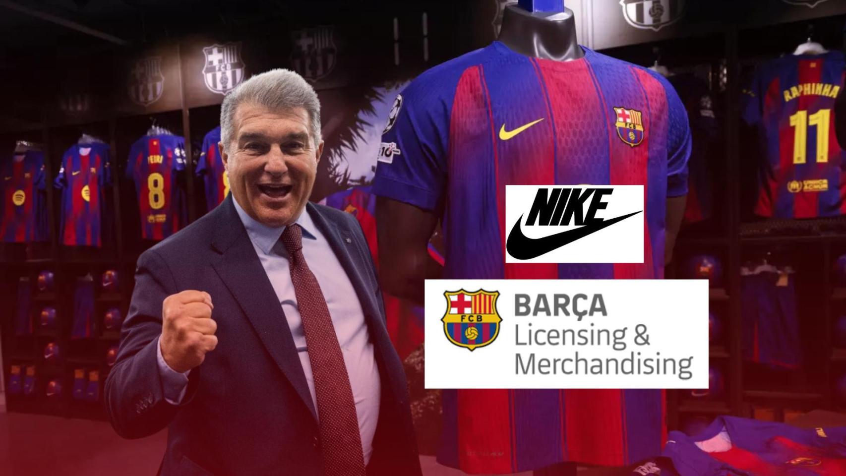 Joan Laporta, en un fotomontaje con los logotipos de Nike y Barça Licensing & Merchandising (BLM)