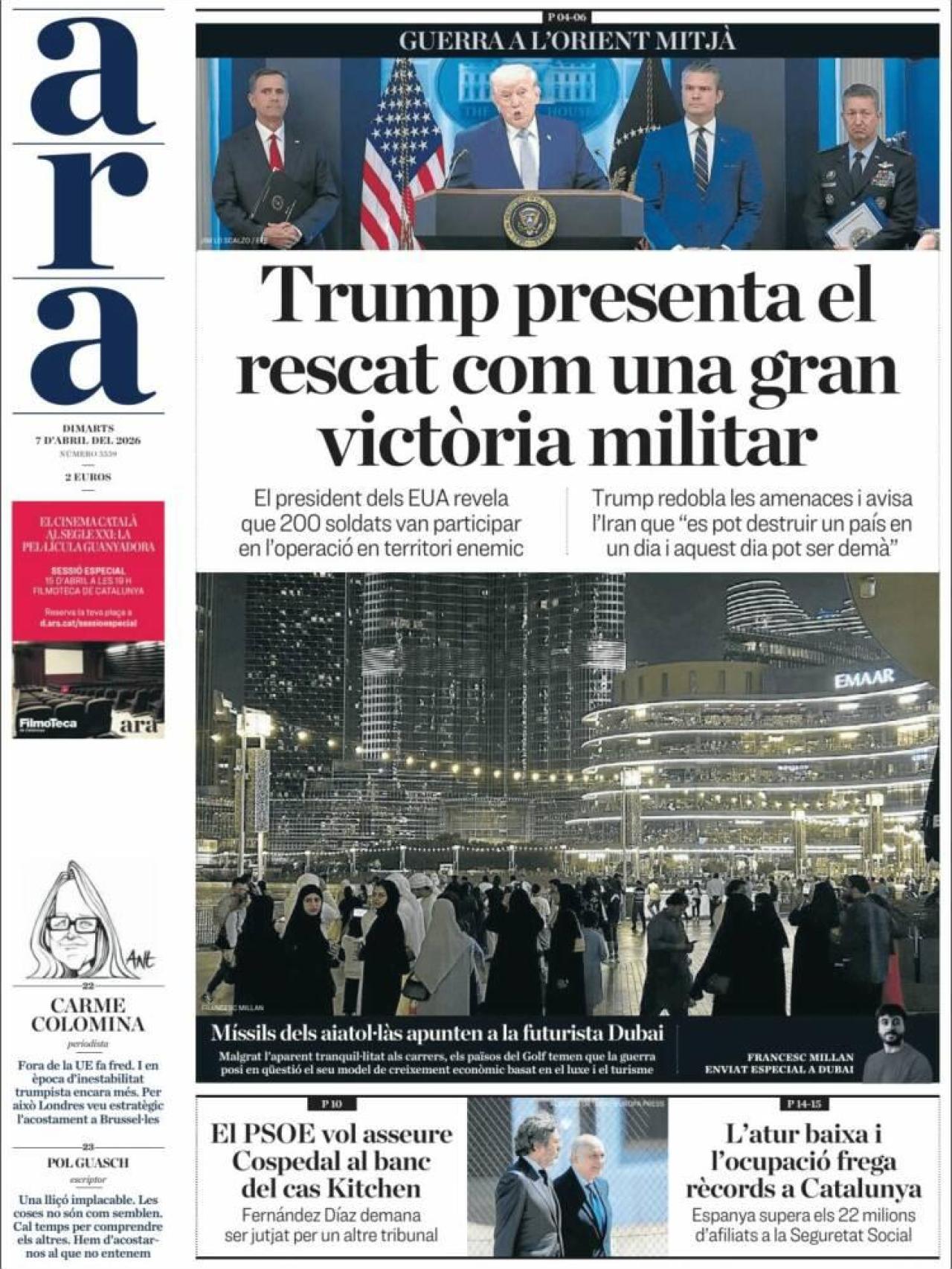 La portada de l'Ara el 7 d'abril