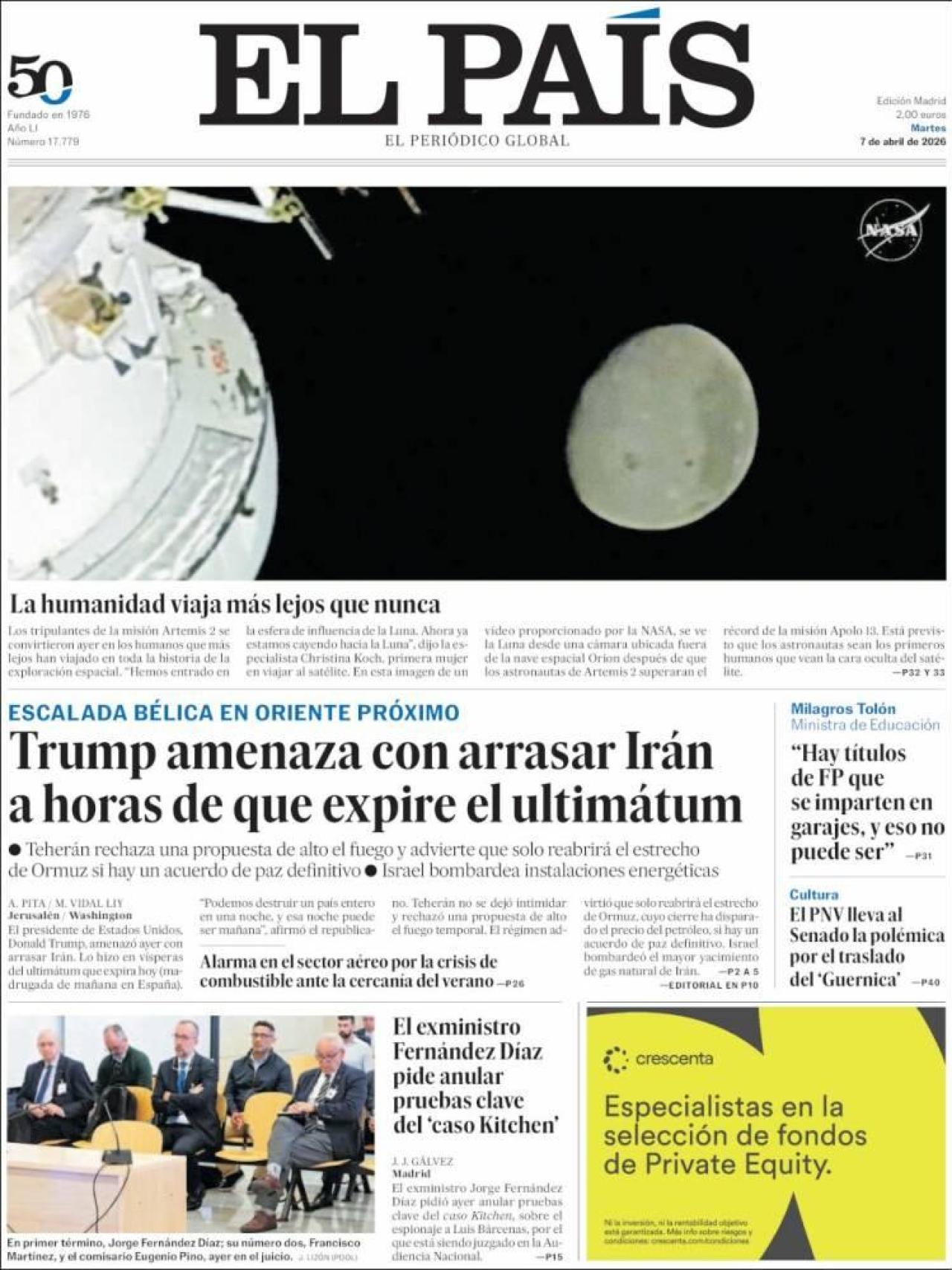 La portada d'El País el 7 d'abril