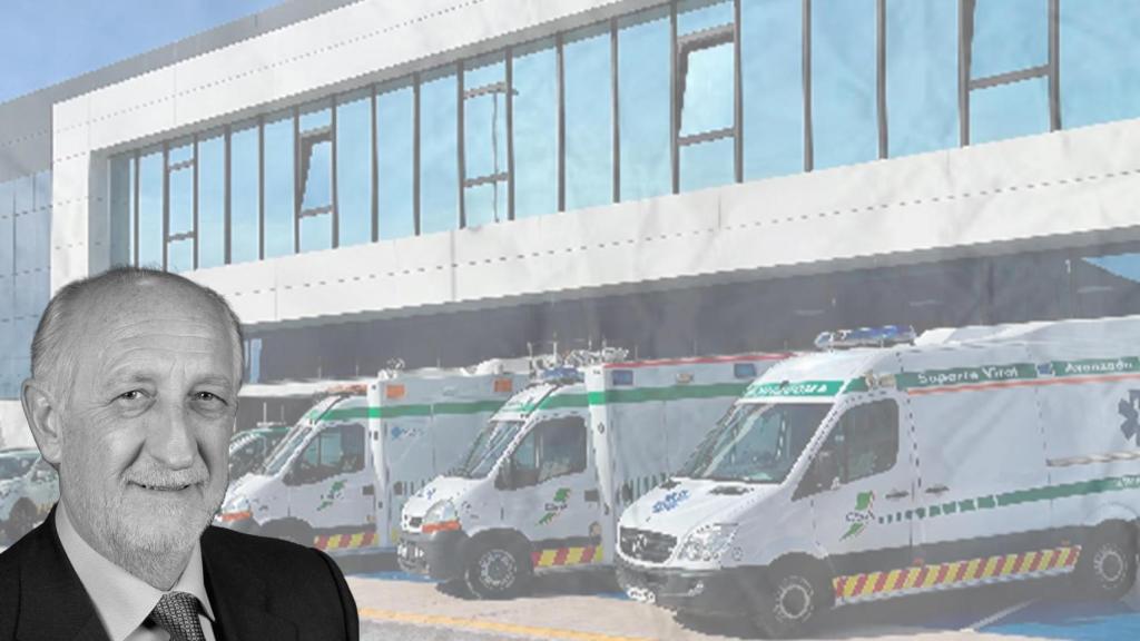 Un montaje con una imagen de vehículos de Ambulancias CSA de fondo y una fotografía de Bernardo Coslado, el copropietario de la empresa