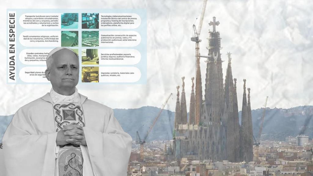 Fotomontaje de León XIV en Barcelona con una dispositiva del dosier de oferta de patrocinios