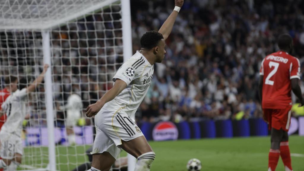 Kylian Mbappé celebra el seu gol al Reial Madrid-Bayern de Munic