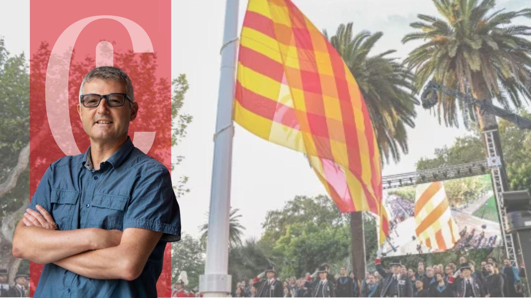 Joaquim Coll y una fotografía del izado de la 'senyera' en el Parlament, el pasado 10 de septiembre