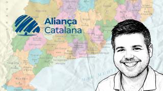 Caricatura de Oriol Gès, con un mapa comarcal de fondo