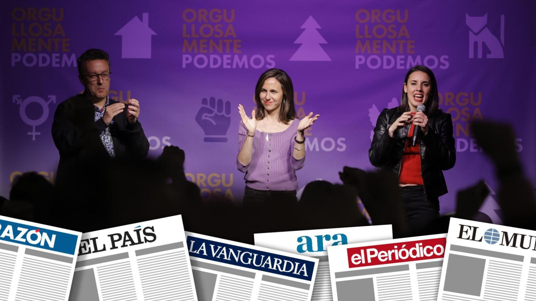 Montaje de primeras planas con un acto de Podemos