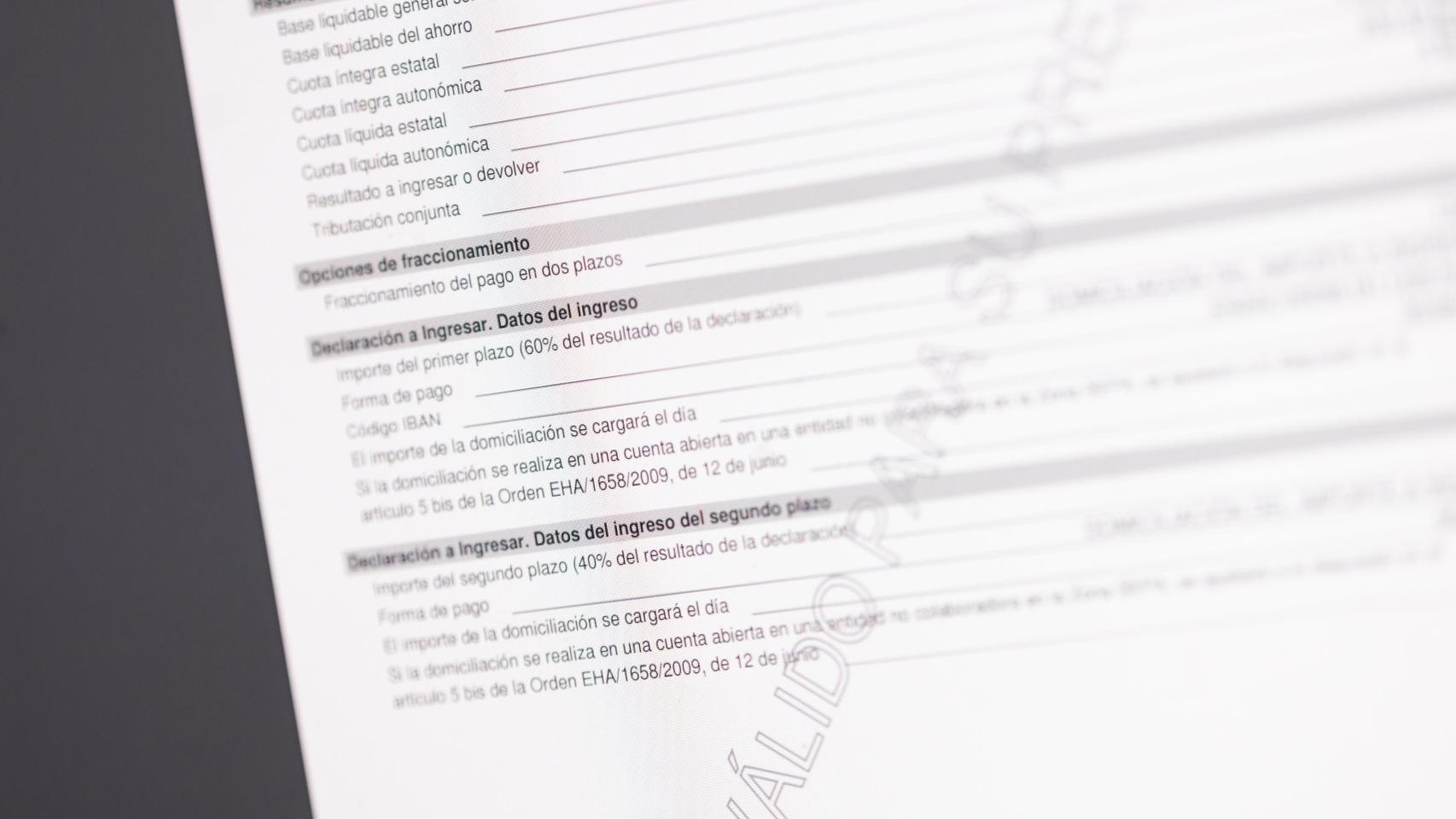Hoja de la declaración de la renta