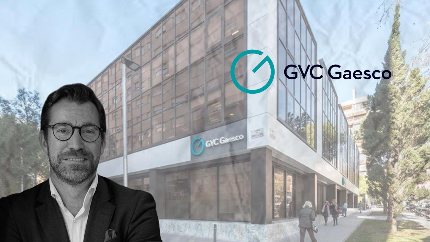 Un montaje de la sede de GVC Gaesco junto con el logo de la empresa y una fotografía de Marc Ciria