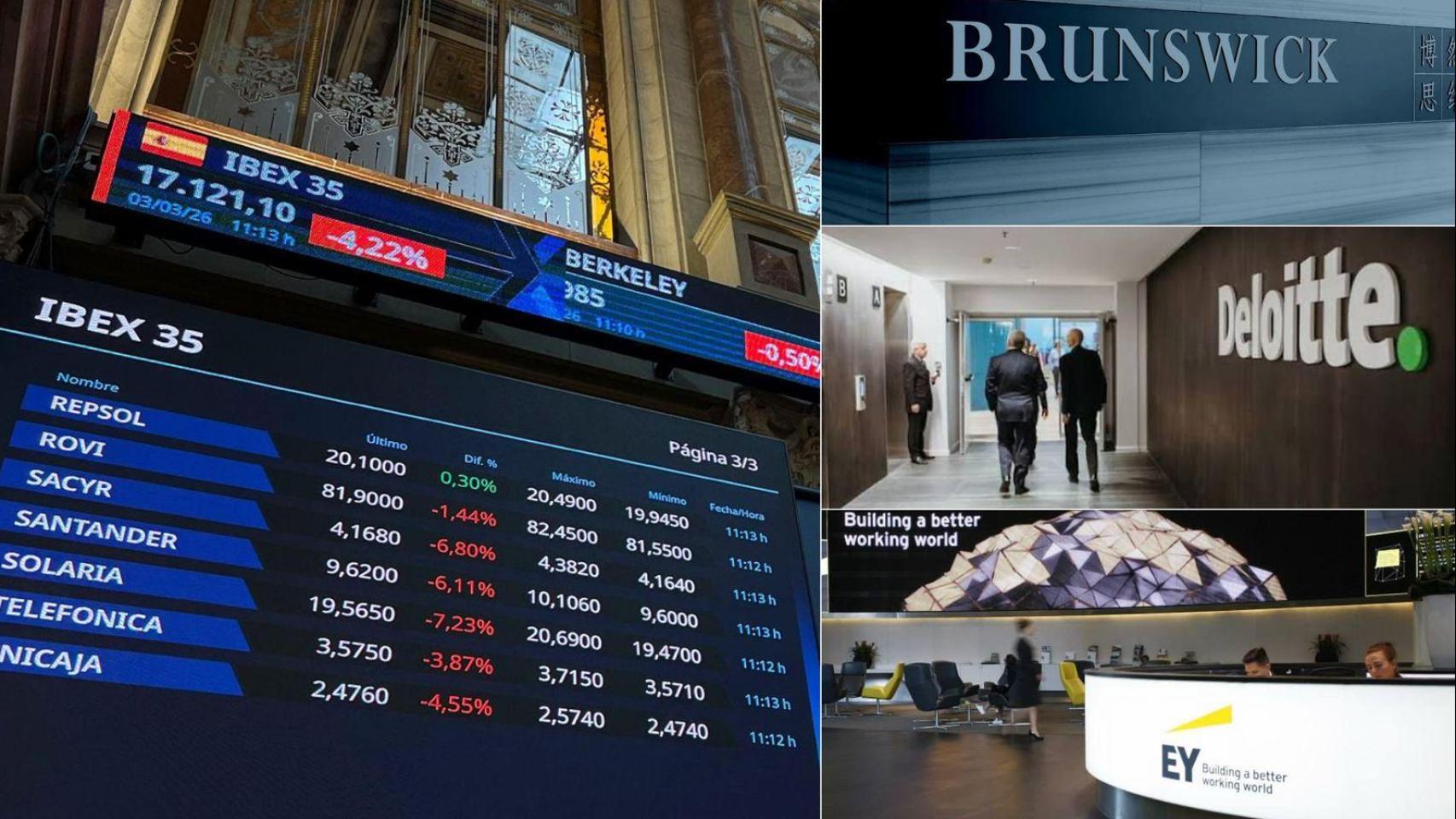 Imagen de una pantalla de la Bolsa y de empresas de consultoría