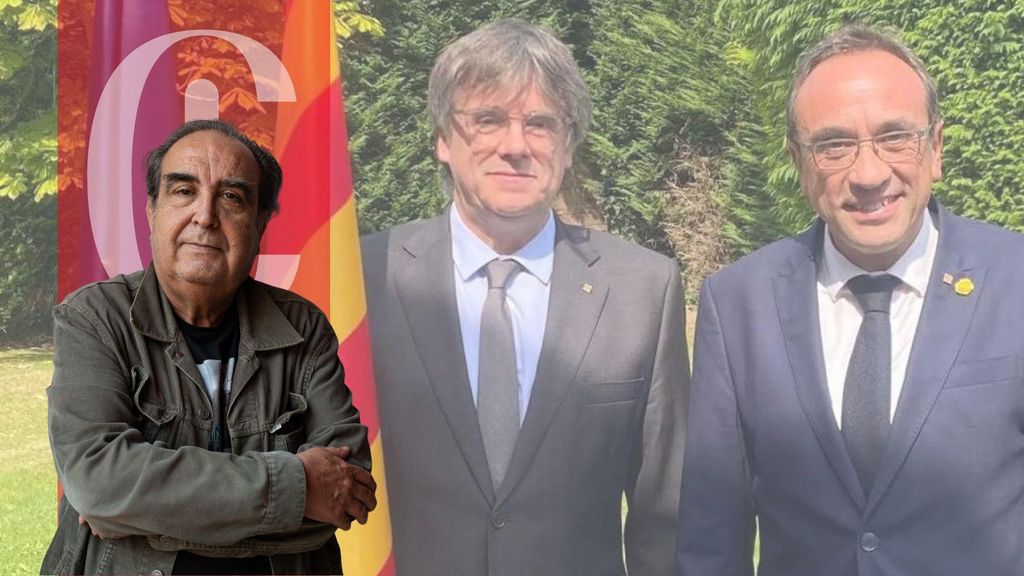 Ramón de España y una fotografía del fugado Carles Puigdemont y el indultado Josep Rull