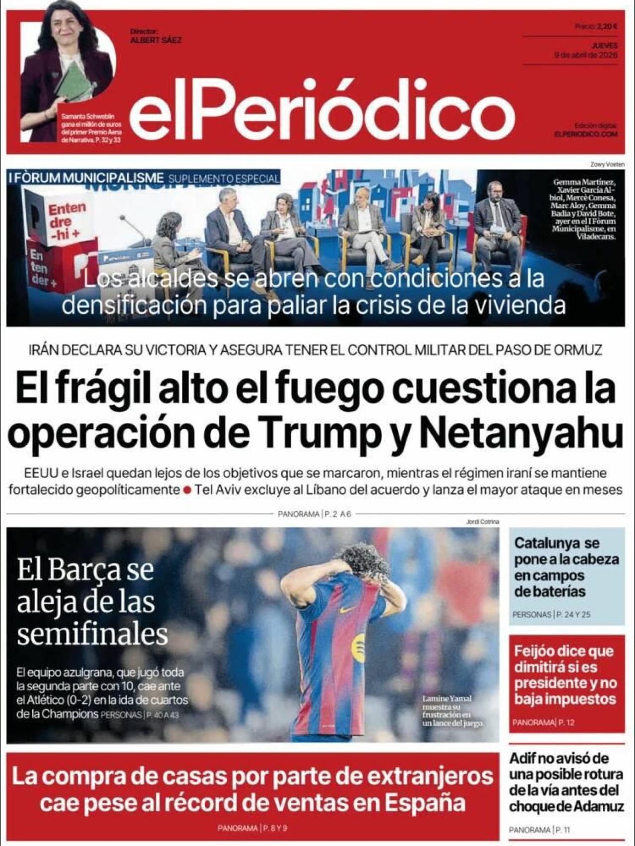 La portada de 'El Periódico' el 9 de abril