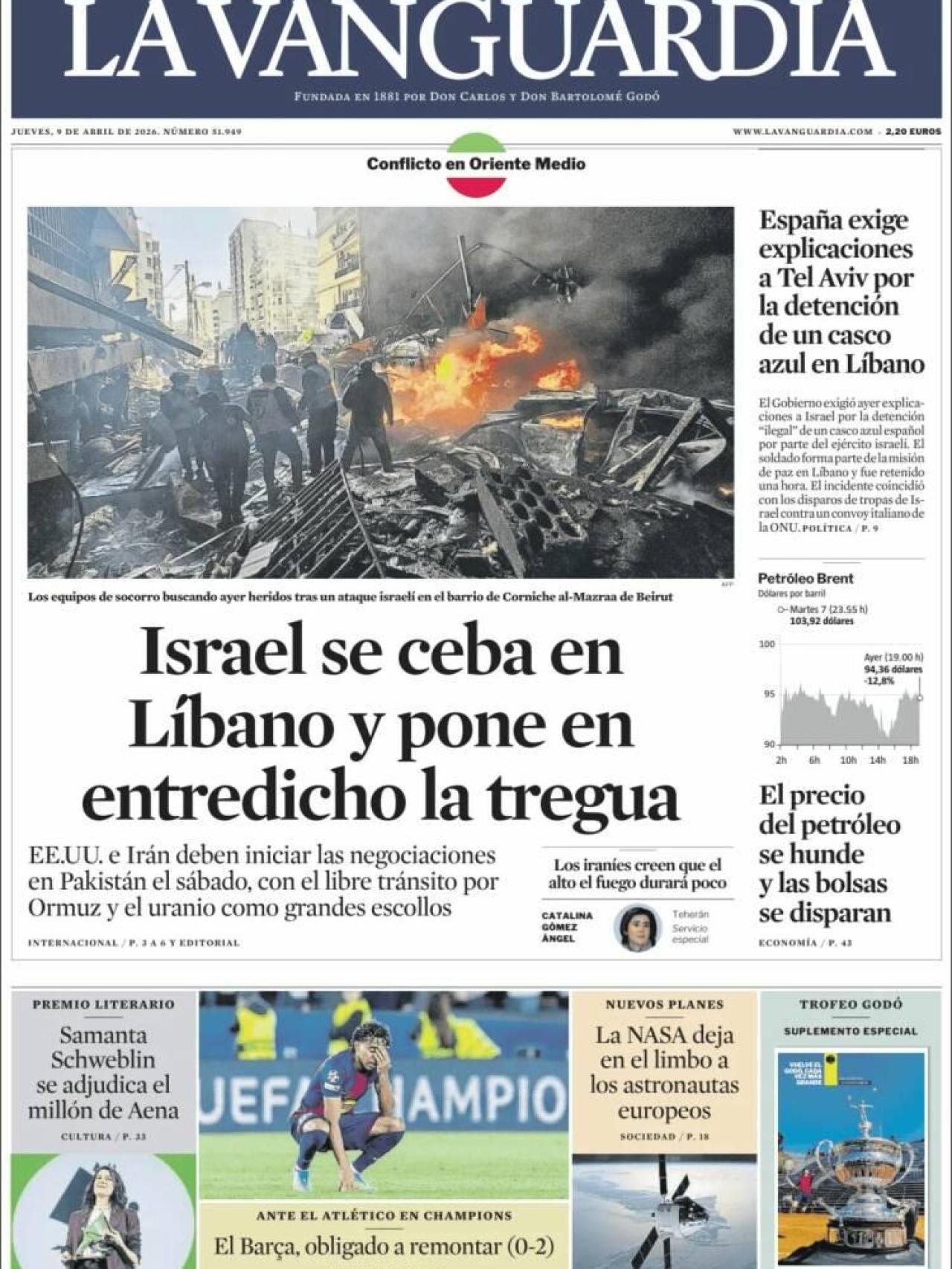 La portada de 'La Vanguardia' el 9 d'abril