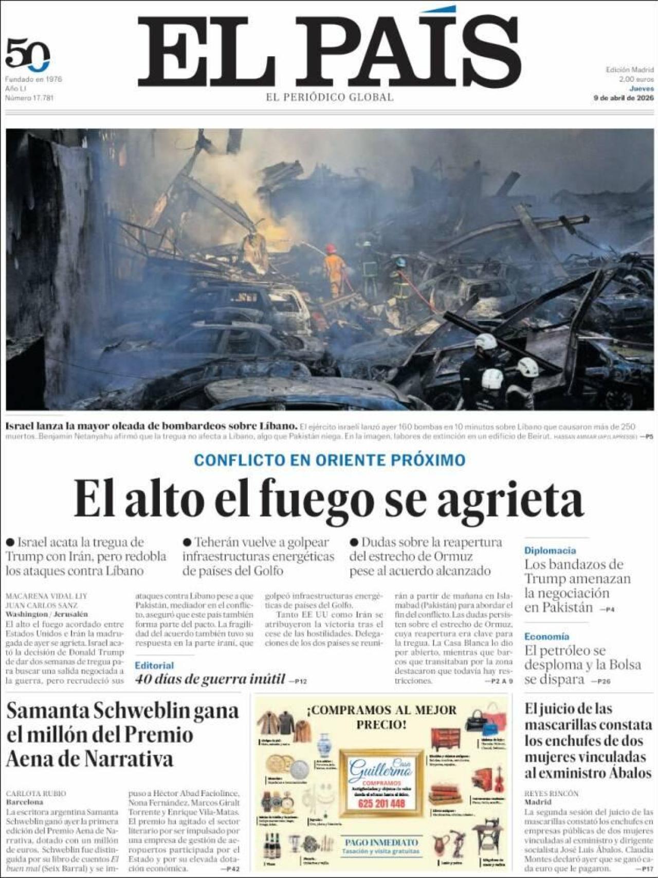 La portada de 'El País' el 9 d'abril