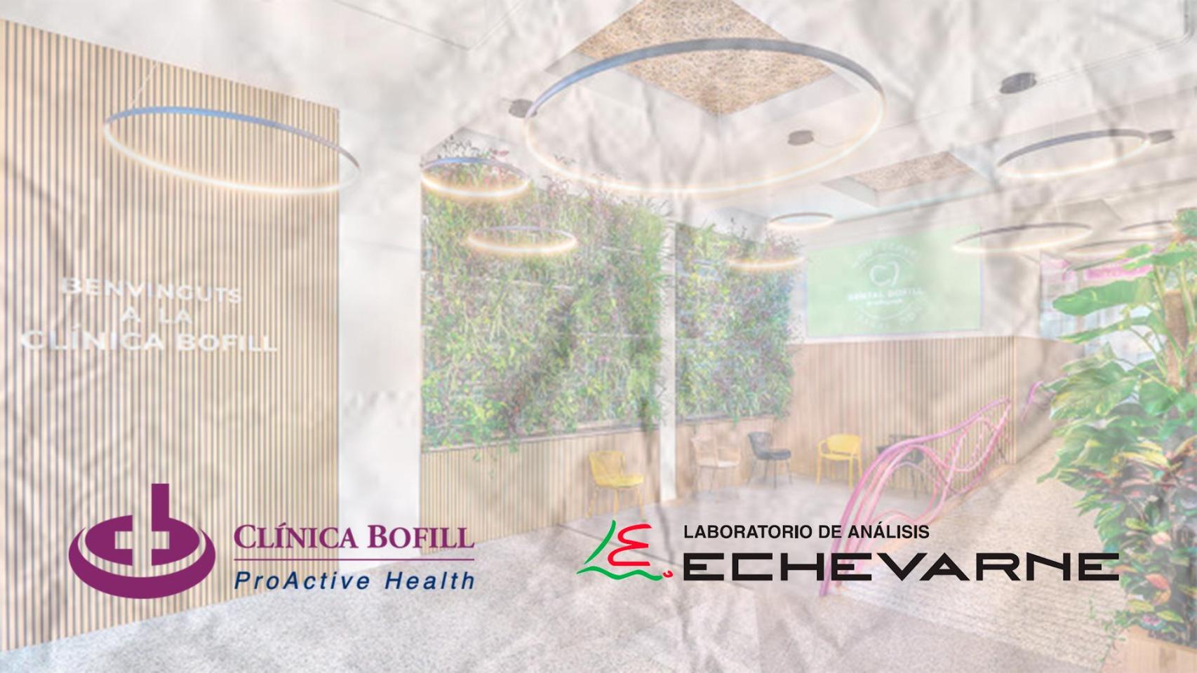Fotomontaje de una clínica de Bofill con el logo de la empresa y el de Echavarne