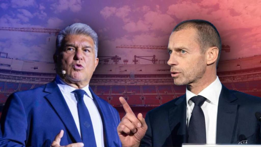 Joan Laporta y Aleksander Ceferin, en un fotomontaje con el Spotify Camp Nou de fondo