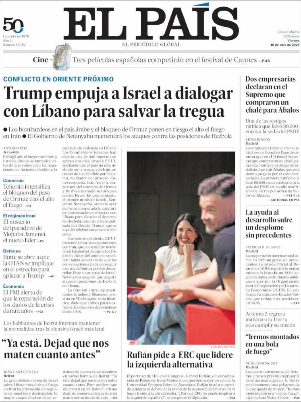 La portada de 'El País' el 10 de abril