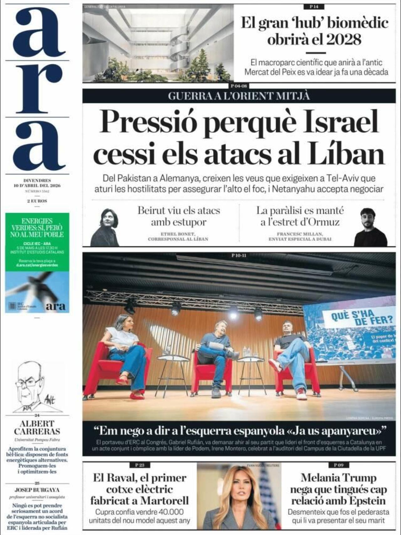 La portada de 'Ara' el 10 d'abril